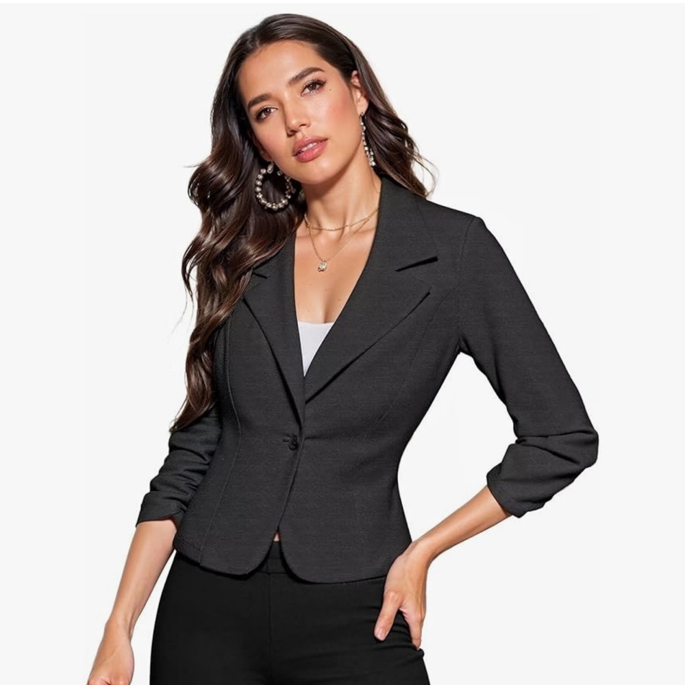 Women's Black Charcoal Gray Stretch 3/4 Sleeves Blazer Sz M Button Front
